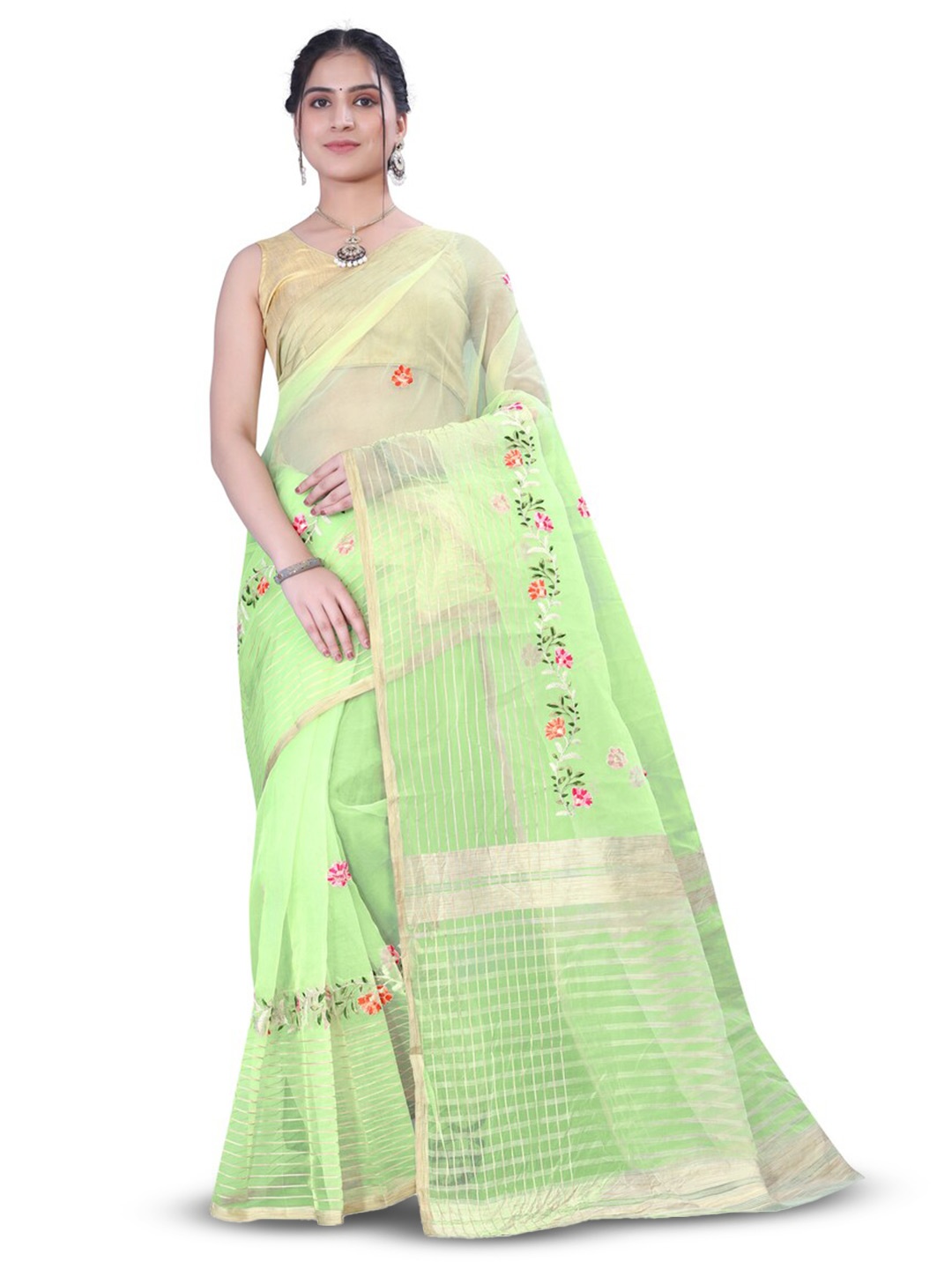 

suyukti creation Floral Embroidered Zari Tissue Tussar Saree, Green