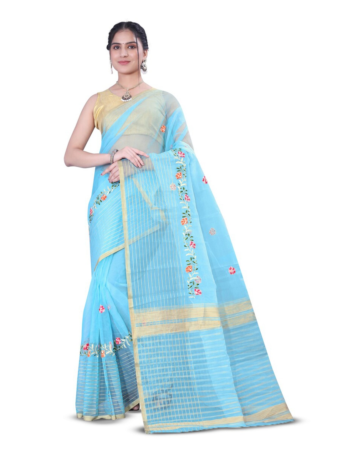 

suyukti creation Floral Embroidered Zari Tissue Tussar Saree, Blue