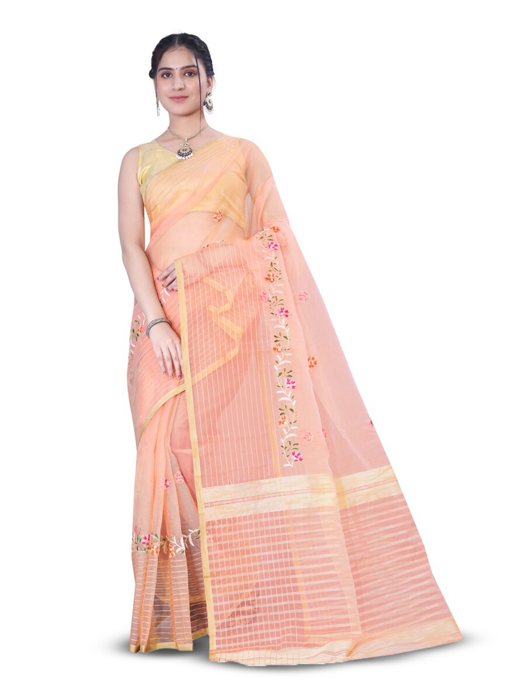 

suyukti creation Floral Embroidered Zari Tissue Tussar Saree, Peach