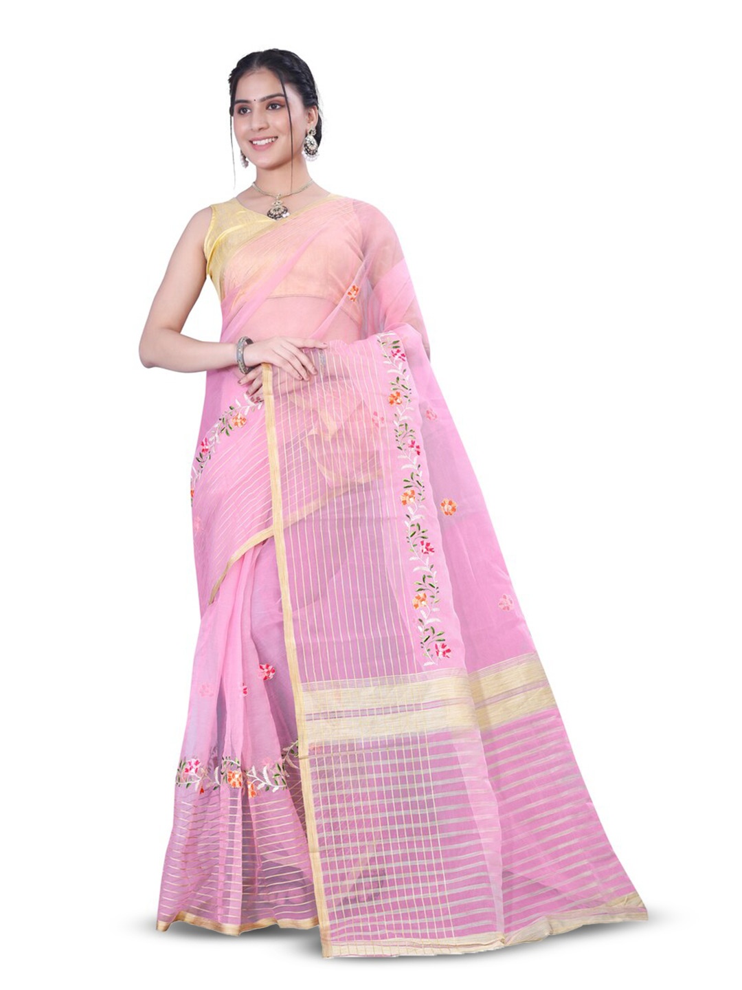 

suyukti creation Floral Zari Embroidered Tissue Tussar Saree, Pink