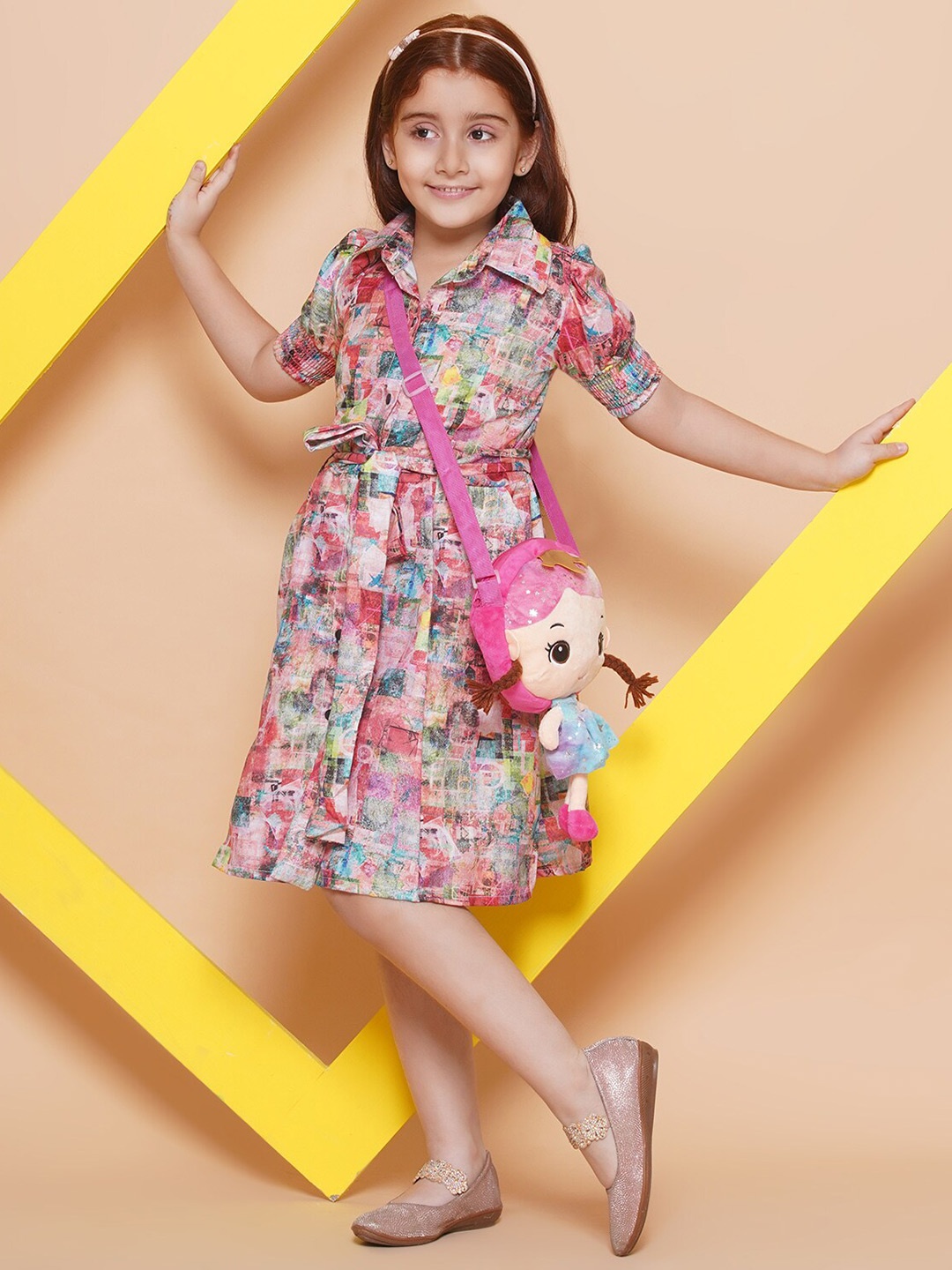 

BAESD Girls Shirt Collar Floral Printed Fit & Flare Dress, Beige