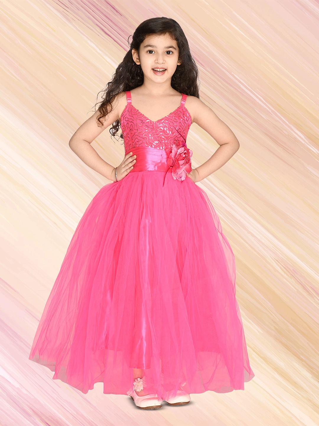 

BAESD Girls Shoulder Straps Net Fit & Flare Maxi Dress, Pink