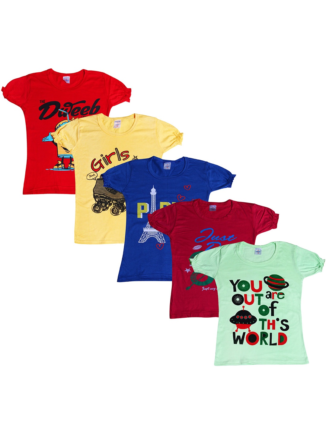 

BAESD Girls Pack of 5 Typography Printed Round Neck Puff Sleeve Cotton Top, Multi