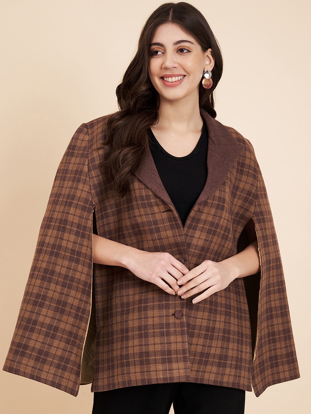 

Zamour Checked Lapel Collar Cape Jacket, Brown