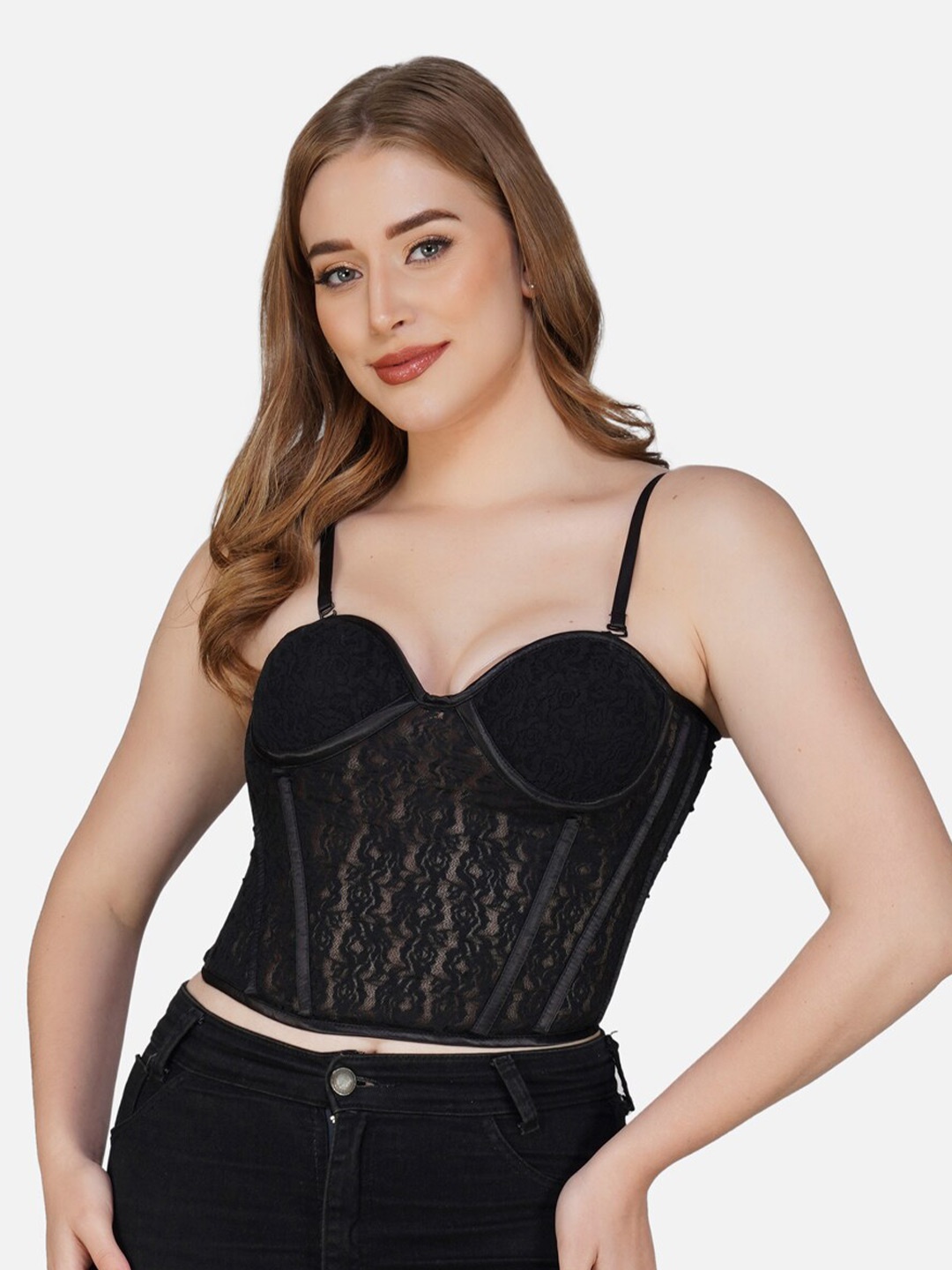 

Bunny Corset Self Design Layered Bralette Top, Black