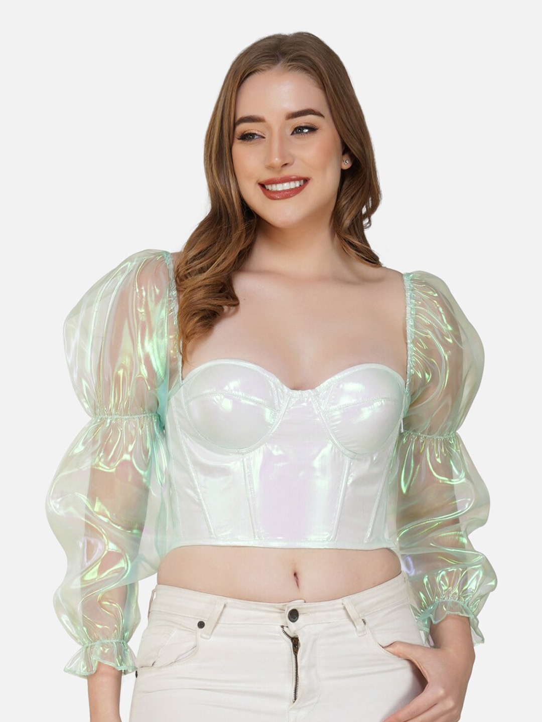 

Bunny Corset Sweetheart Neck Puff Sleeves Sheen Crop Fitted Top, Lime green