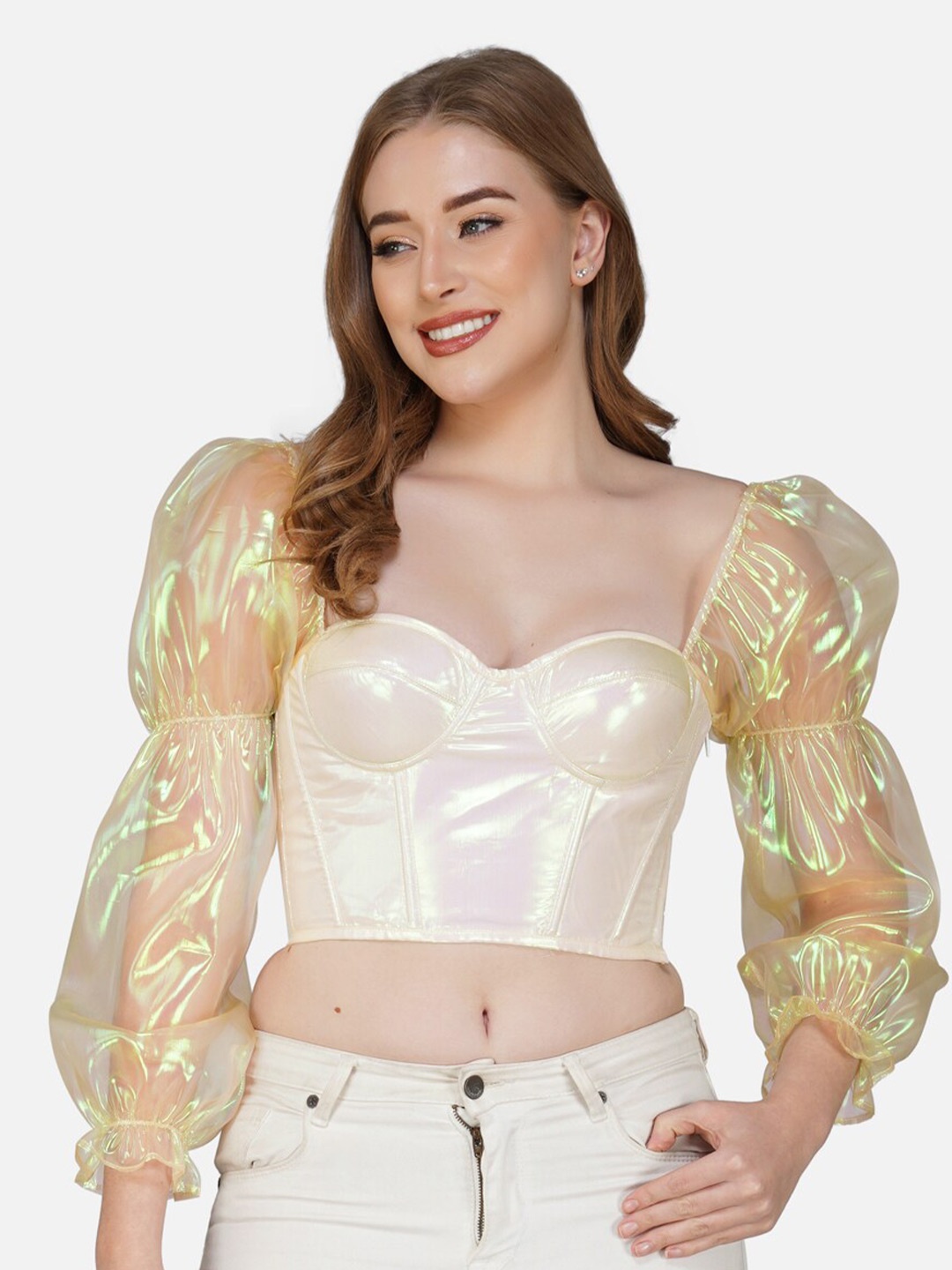 

Bunny Corset Sweetheart Neck Puff Sleeves Sheen Crop Fitted Top, Off white