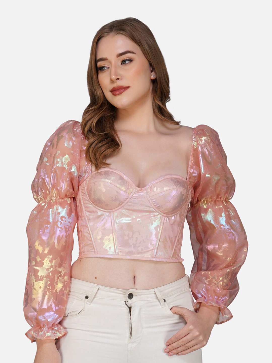 

Bunny Corset Print Abstract Printed Sweetheart Neck Bishop Sleeves Fitted Crop Top, Peach