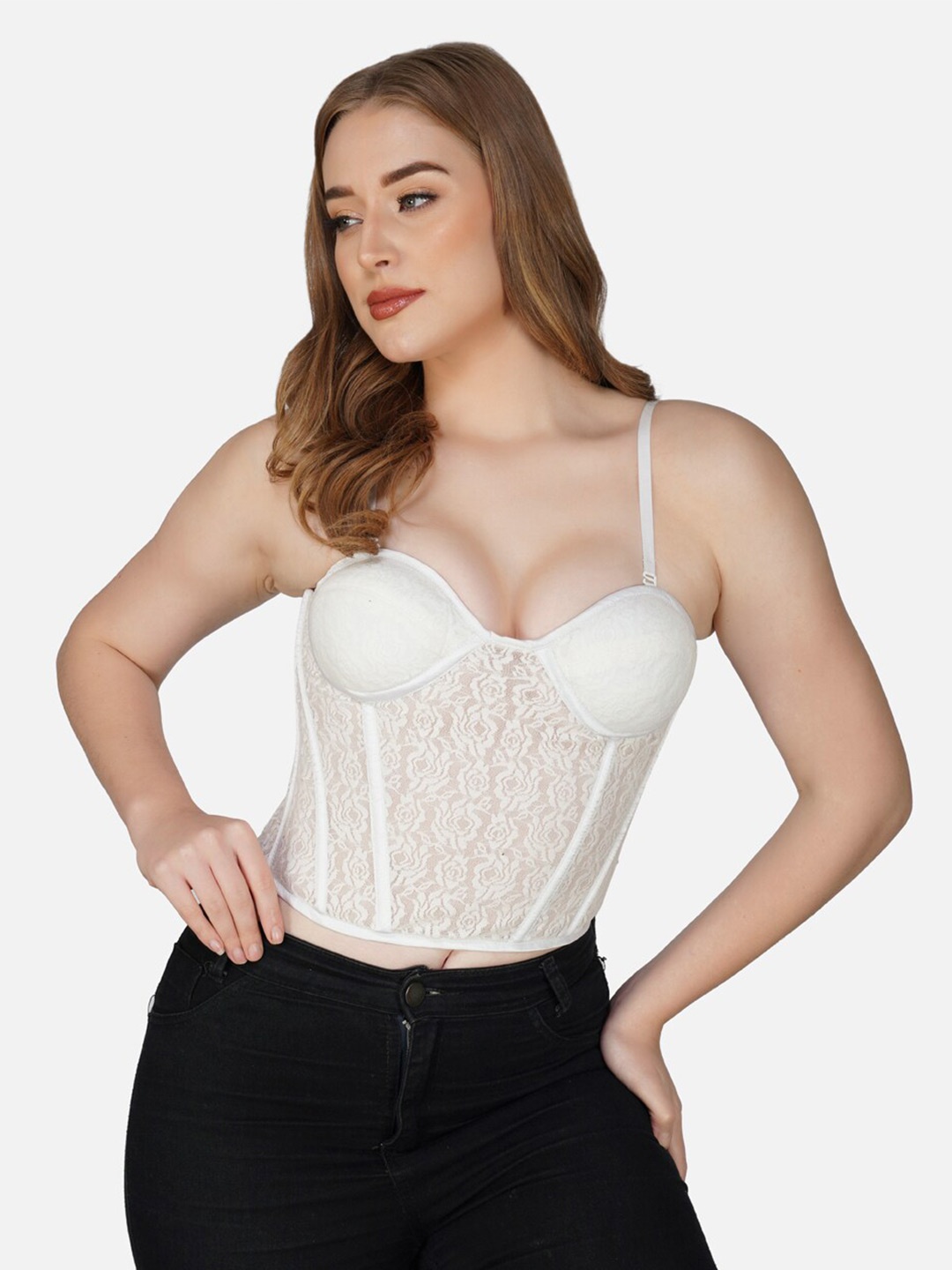 

Bunny Corset Self Design Fitted Crop Top, Off white
