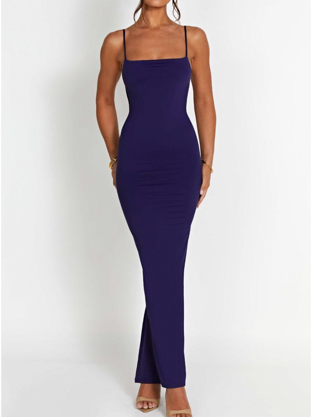 

Outcast Square Neck Shoulder Straps Opaque Straight Maxi Dress, Navy blue