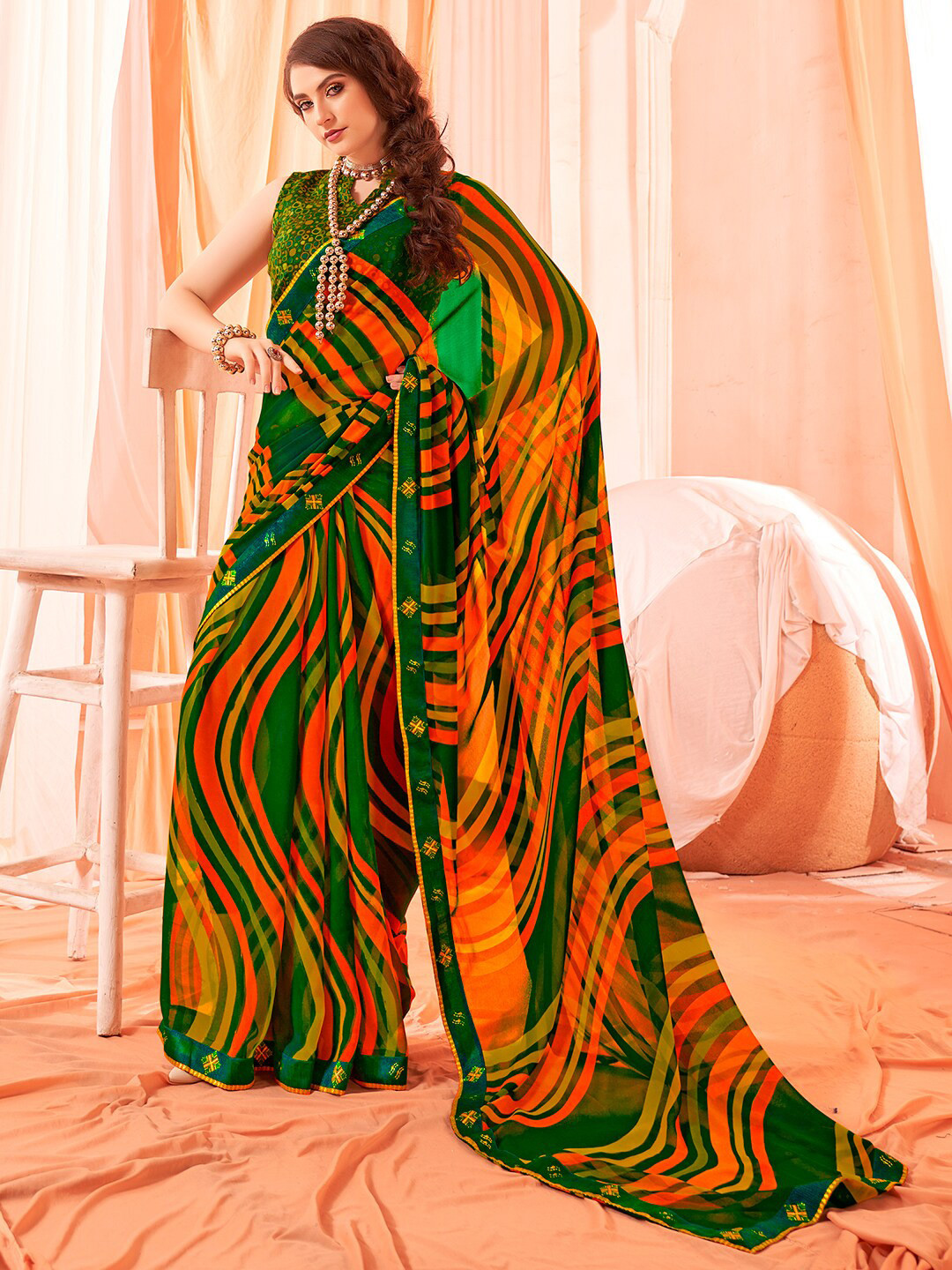 

SANSKAR Striped Printed Saree, Green