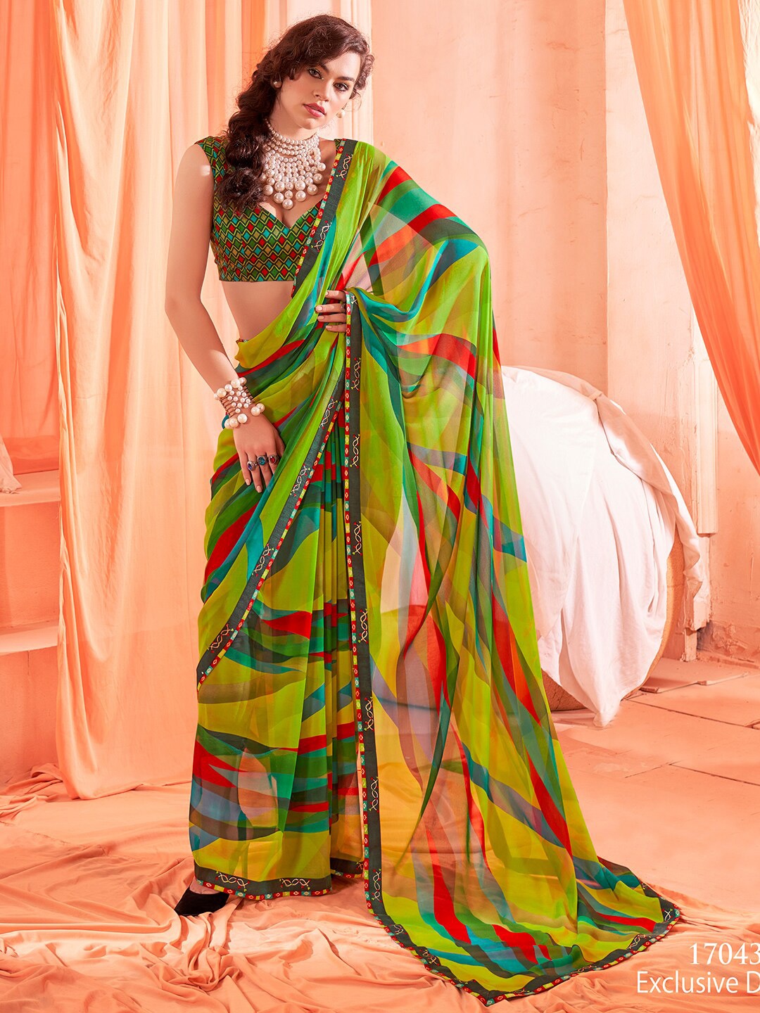 

SANSKAR Abstract Printed Georgette Saree, Green