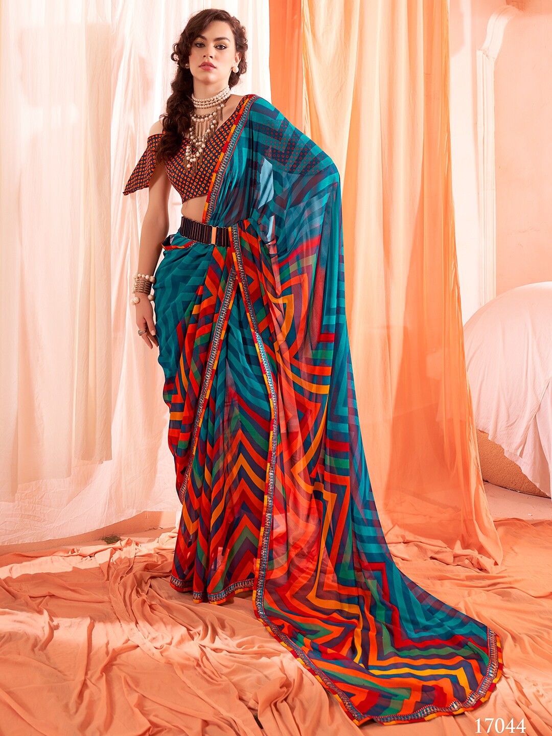

SANSKAR Geometric Printed Embroidered Saree, Blue