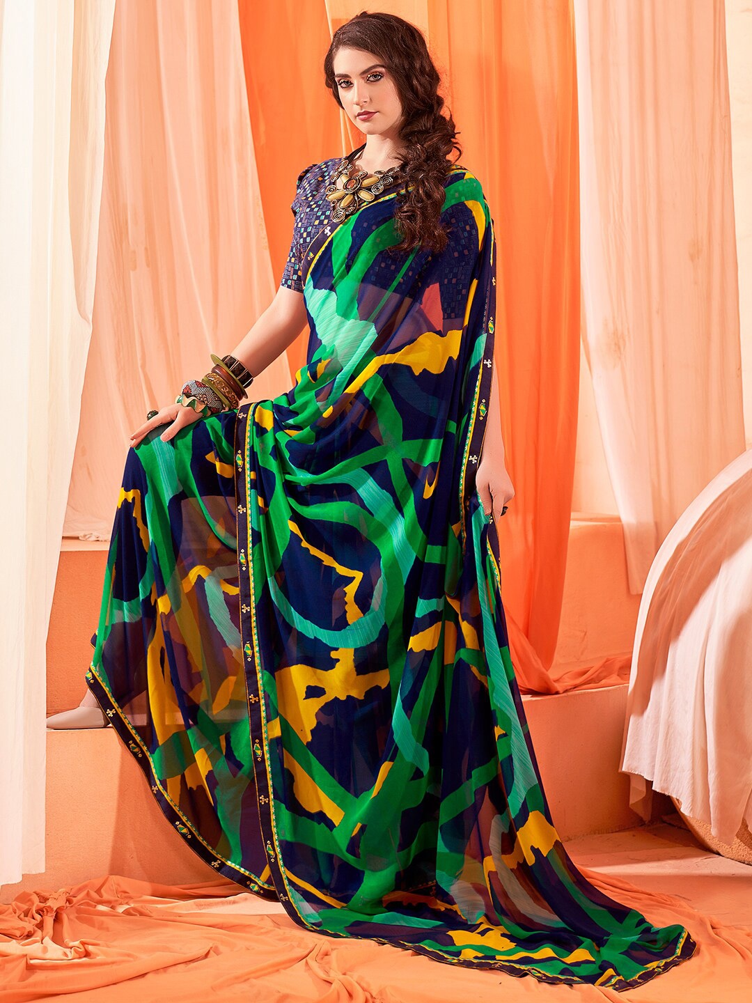 

SANSKAR Abstract Printed Saree, Blue
