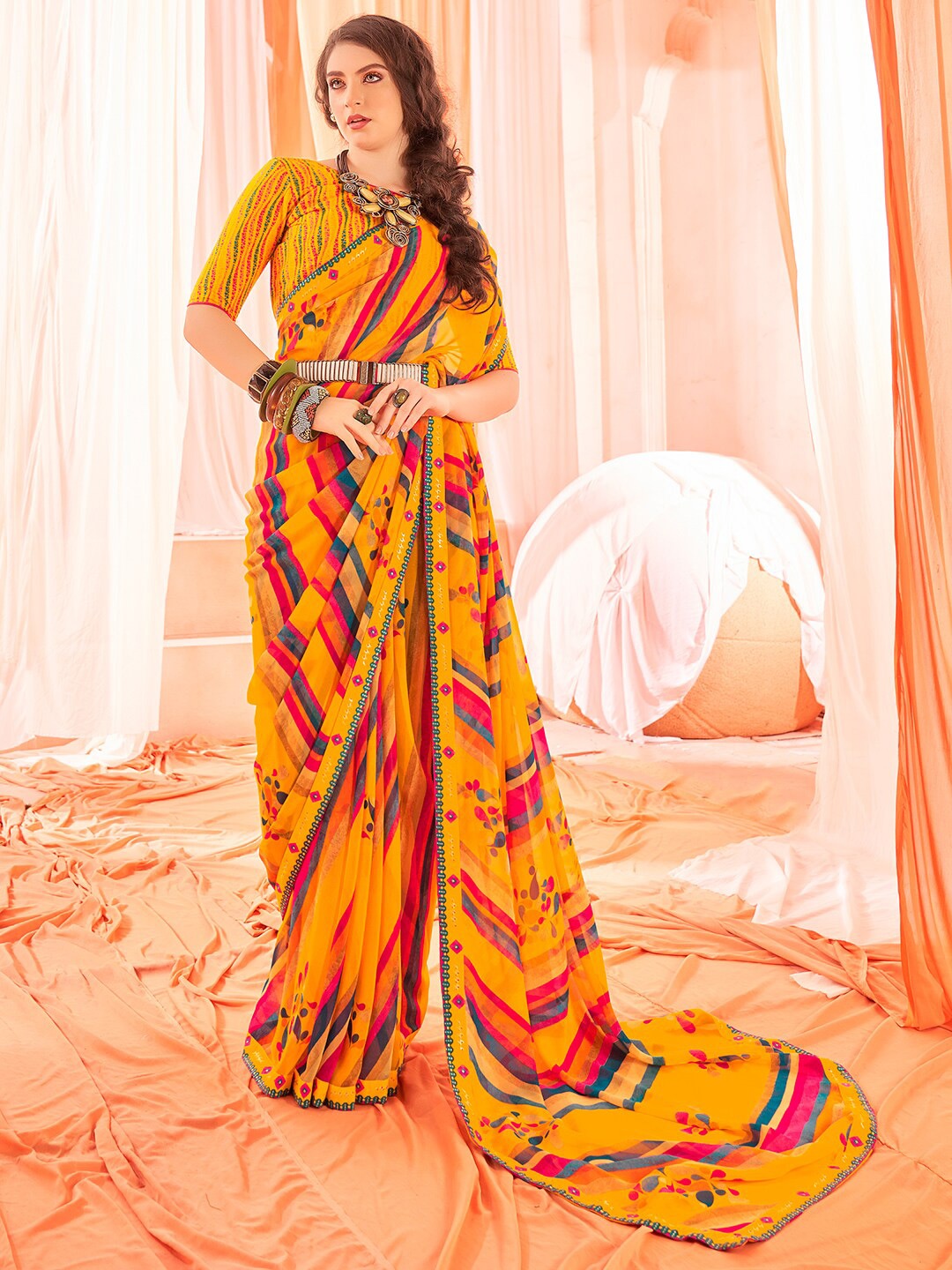 

SANSKAR Abstract Printed Saree, Yellow