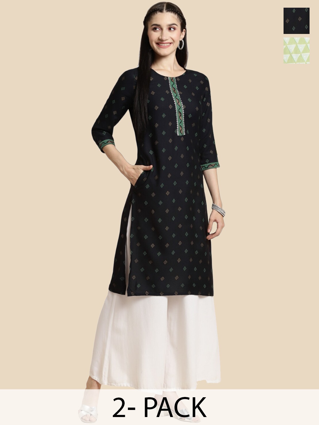 

Rangita Selection of 2 Ethnic Motifs Printed Round Neck Straight Kurta, Multi