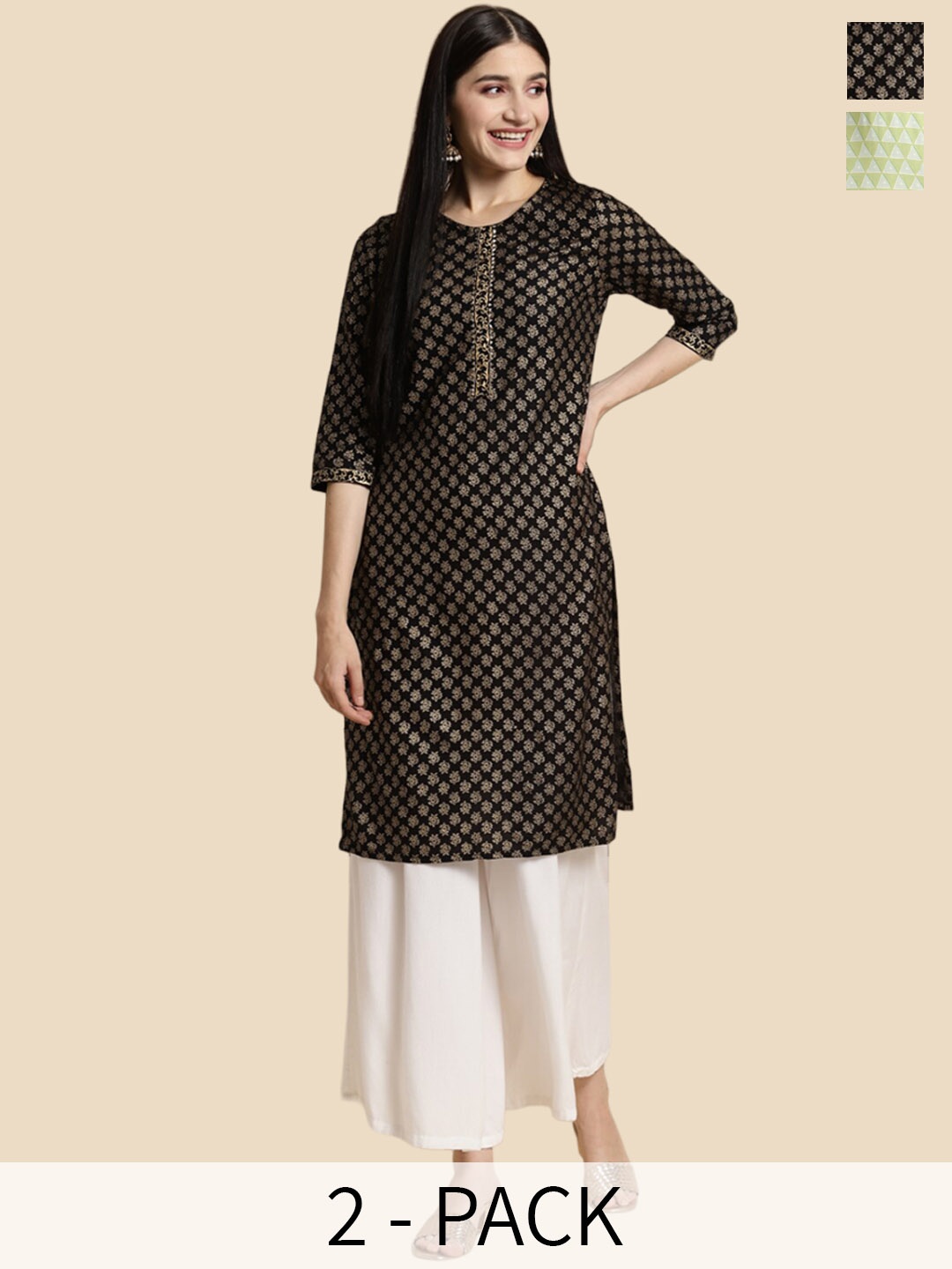 

Rangita Pack of 2 Ethnic Motifs Printed Gotta Patti Straight Kurta, Lime green