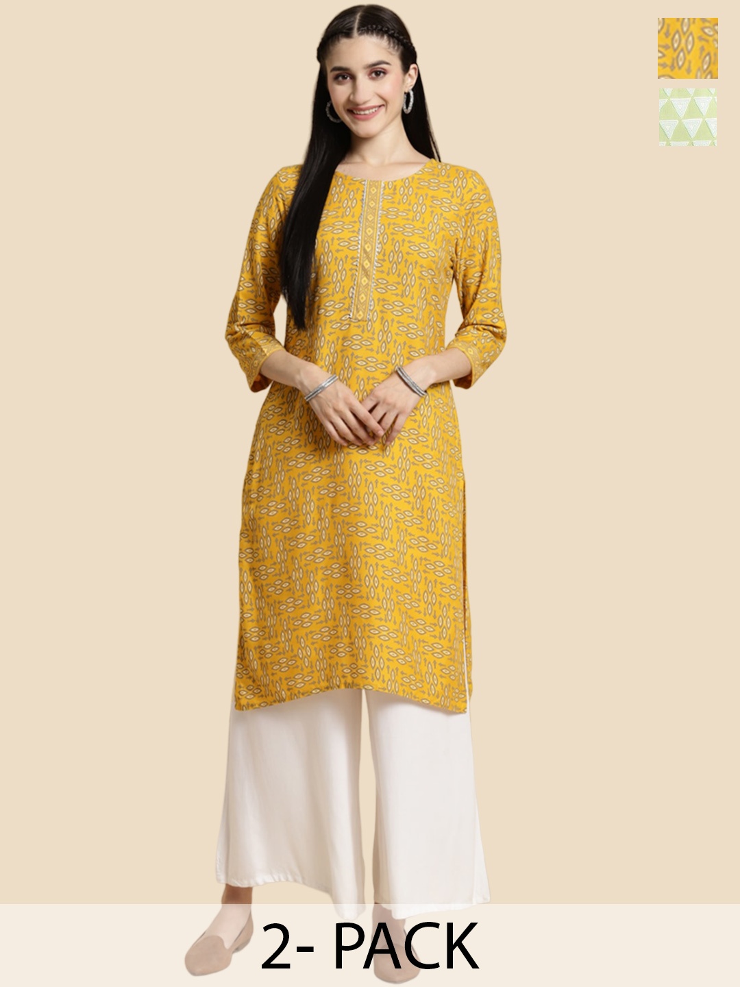 

Rangita Selection Of 2 Geometric Printed Straight Kurtas, Yellow