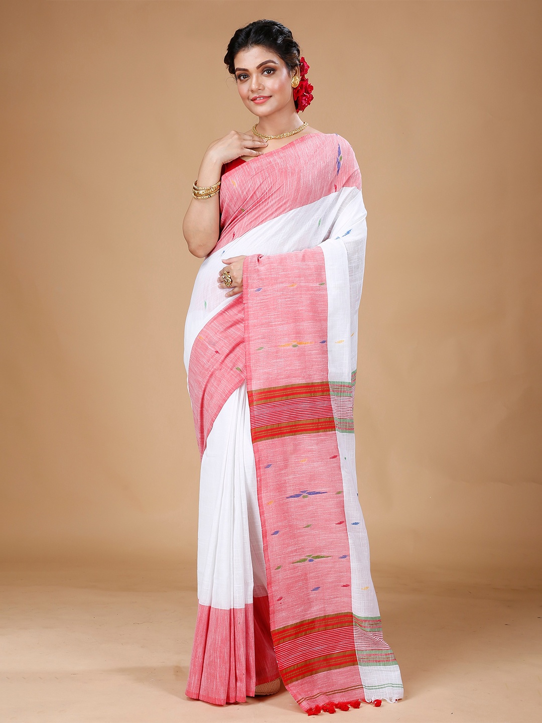 

SLAGHA Woven Design Pure Cotton Khadi Saree, White