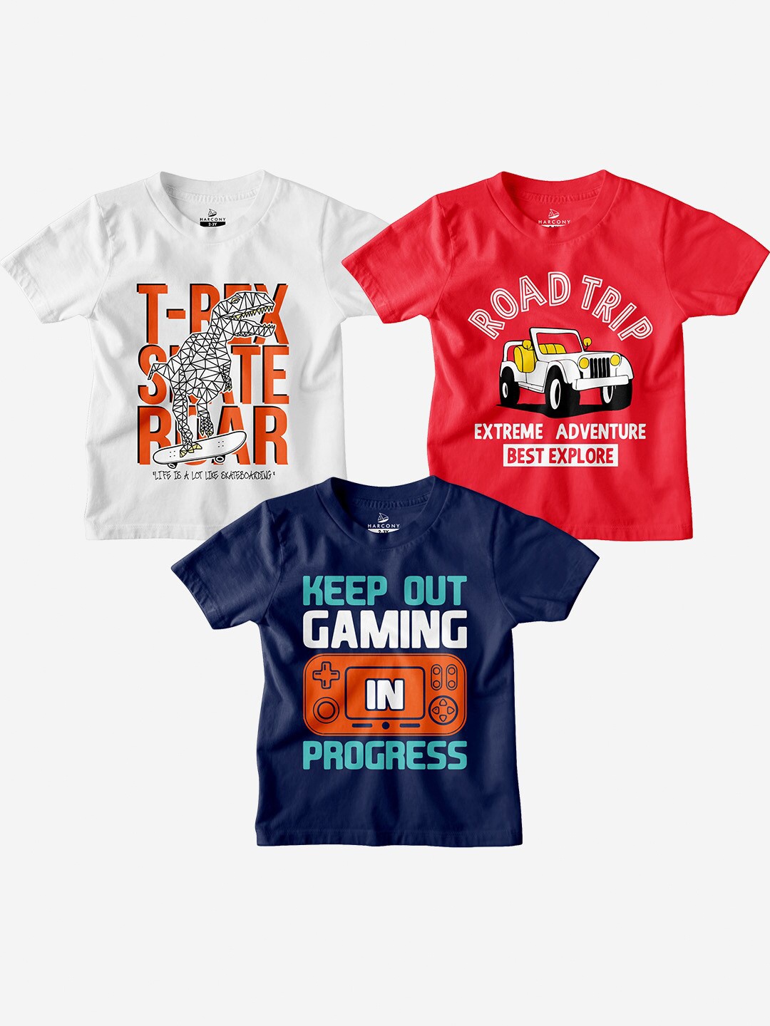 

HARCONY Boys Pack Of 3 Graphic Printed Pure Cotton T-shirt, White