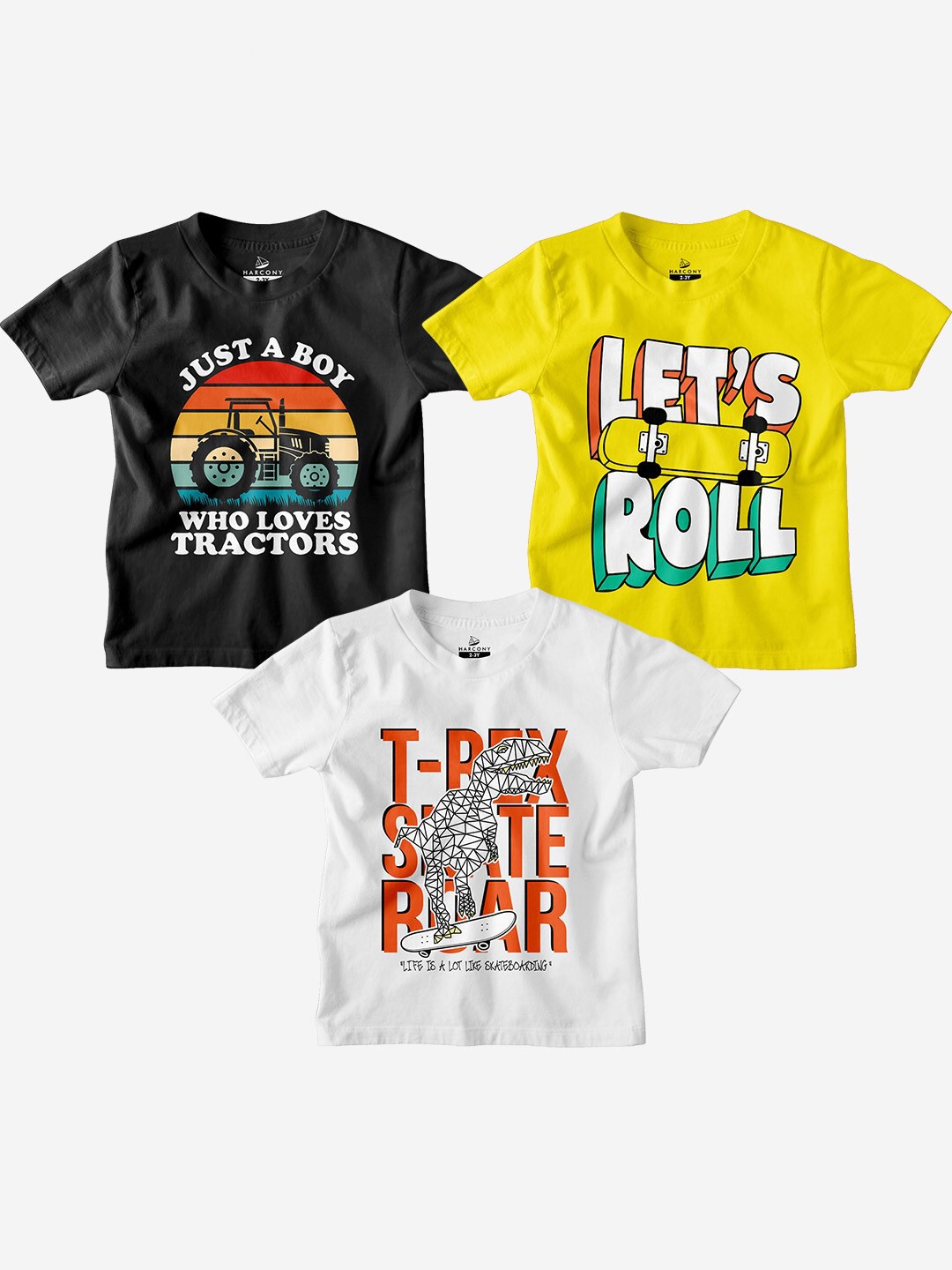 

HARCONY Boys Pack Of 3 Graphic Printed Pure Cotton T-shirt, Black