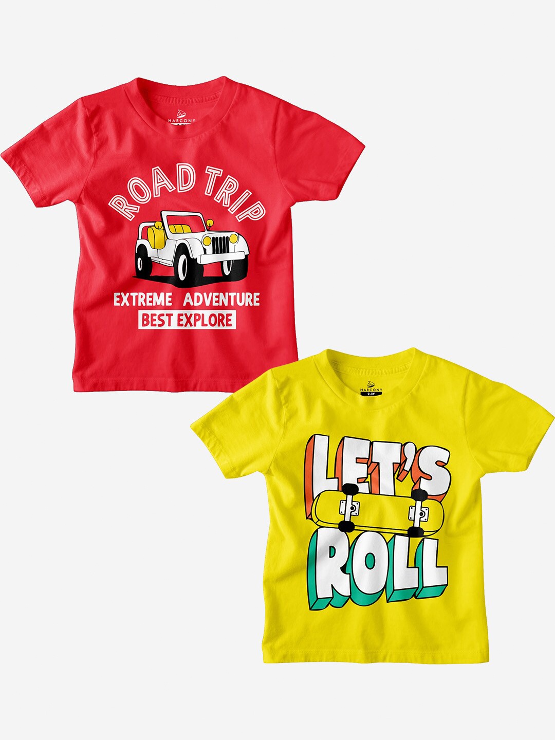 

HARCONY Boys Pack Of 2 Typography Printed Pure Cotton T-shirt, Yellow