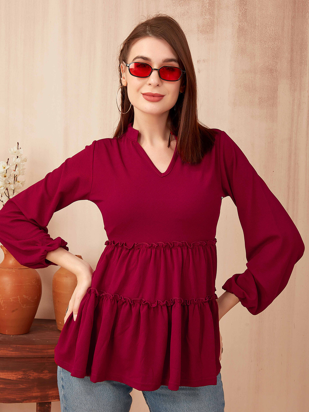 

PSBT Quality on way Mandarin Collar Layered Top, Red
