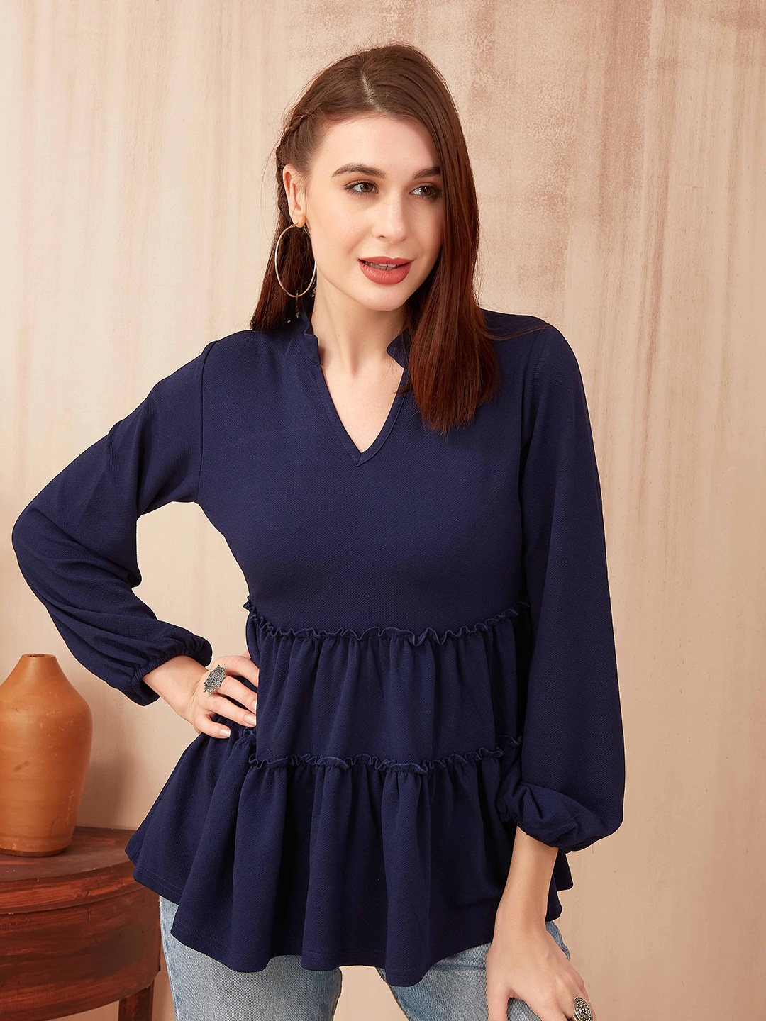 

PSBT Quality on way Mandarin Collar Layered Top, Navy blue