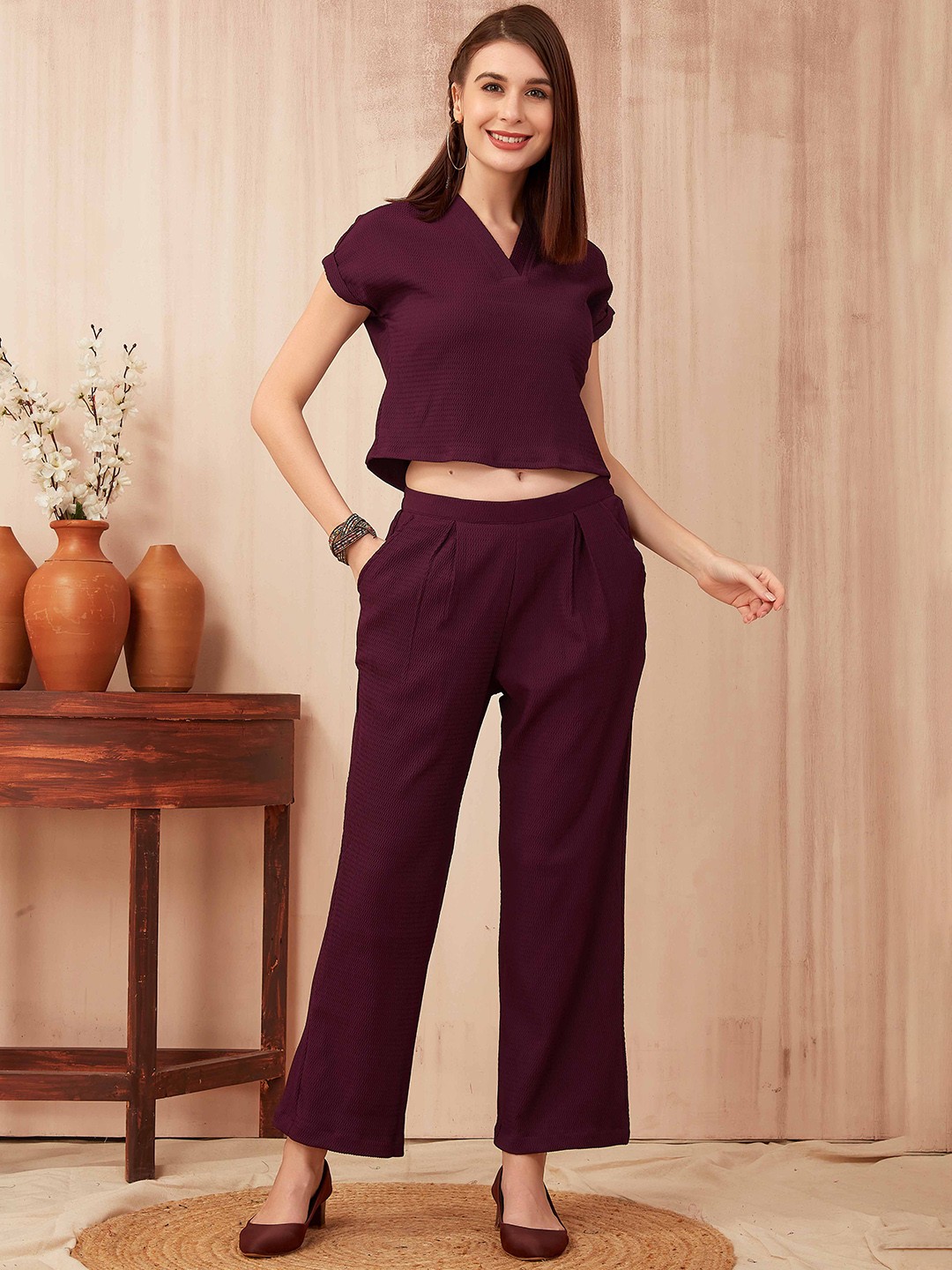 

PSBT Quality on way Self Design V-Neck Top With Trousers Co-Ords, Magenta