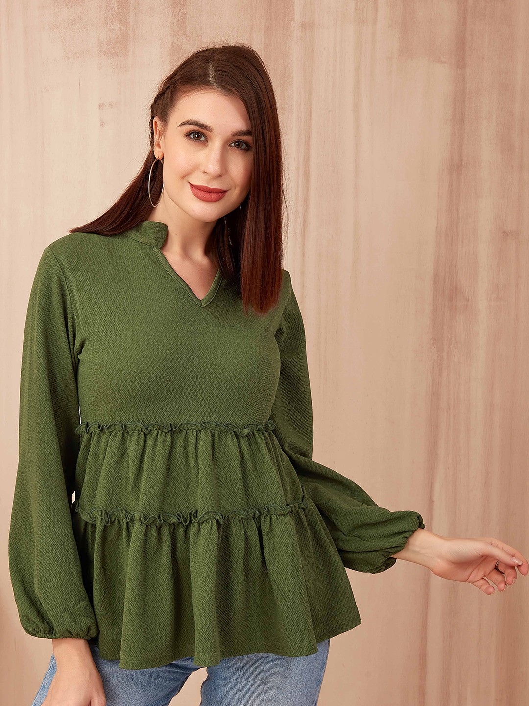 

PSBT Quality on way Mandarin Collar Layered Tiered Top, Green