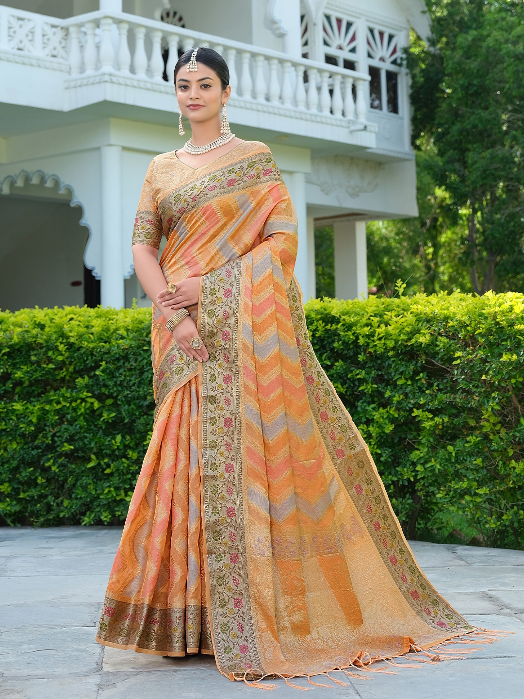

Jinal & Jinal Woven Design Zari Organza Saree, Orange