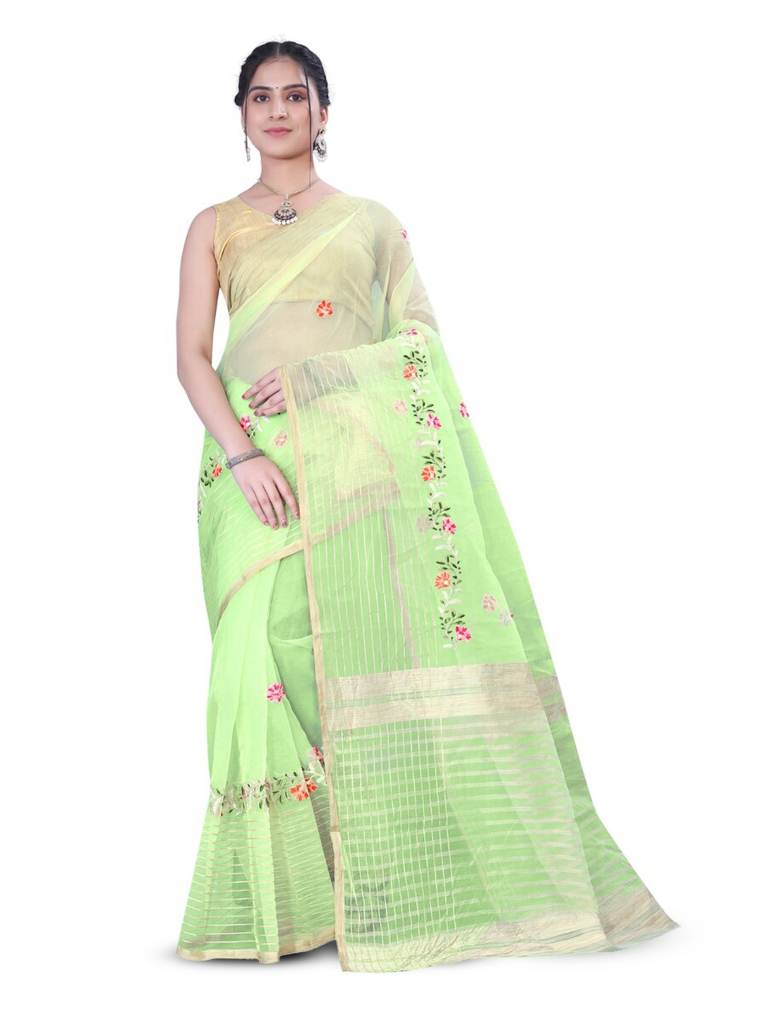 

suyukti creation Floral Embroidered Tissue Tussar Saree, Green