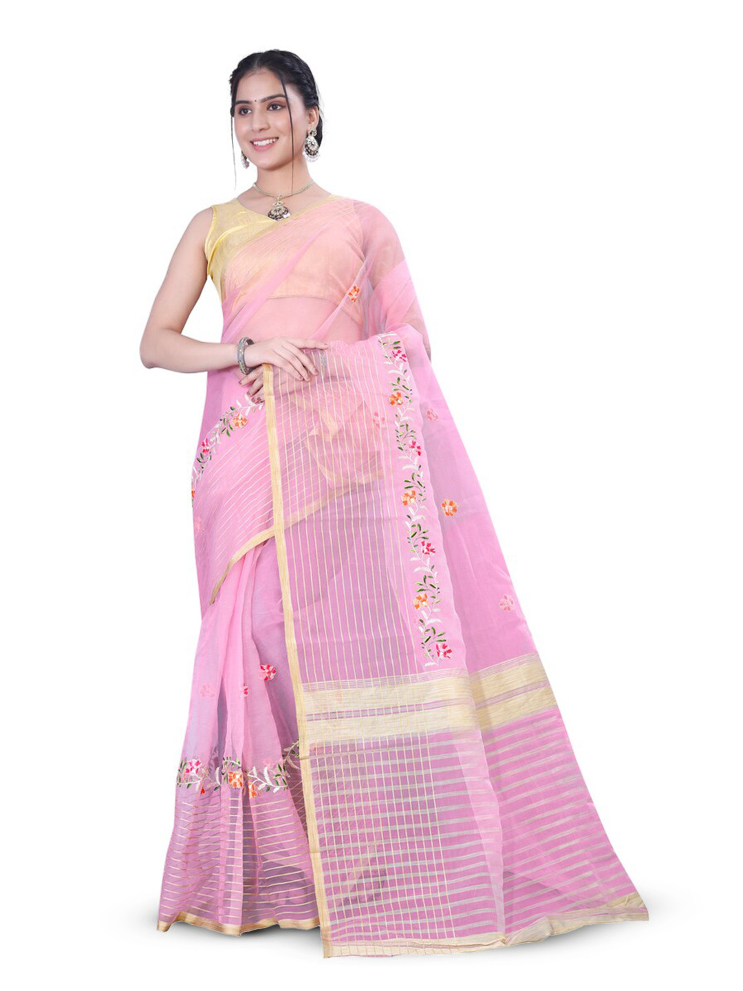 

suyukti creation Floral Zari Tissue Tussar Saree, Pink