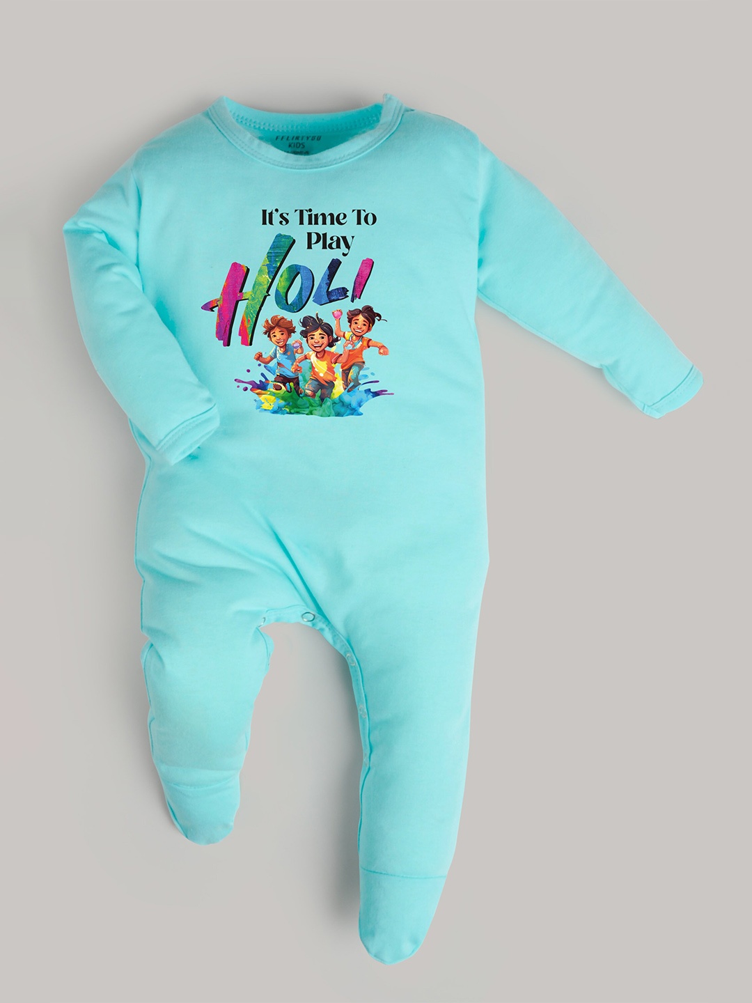 

FFLIRTYGO Infant Printed Holi Special Sleepsuit, Turquoise blue