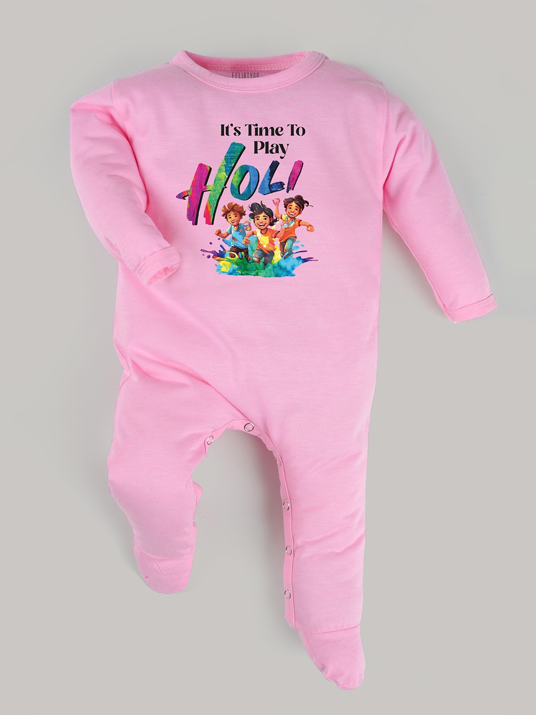 

FflirtyGo Infants Typography Printed Holi Special Pure Cotton Sleepsuit, Pink