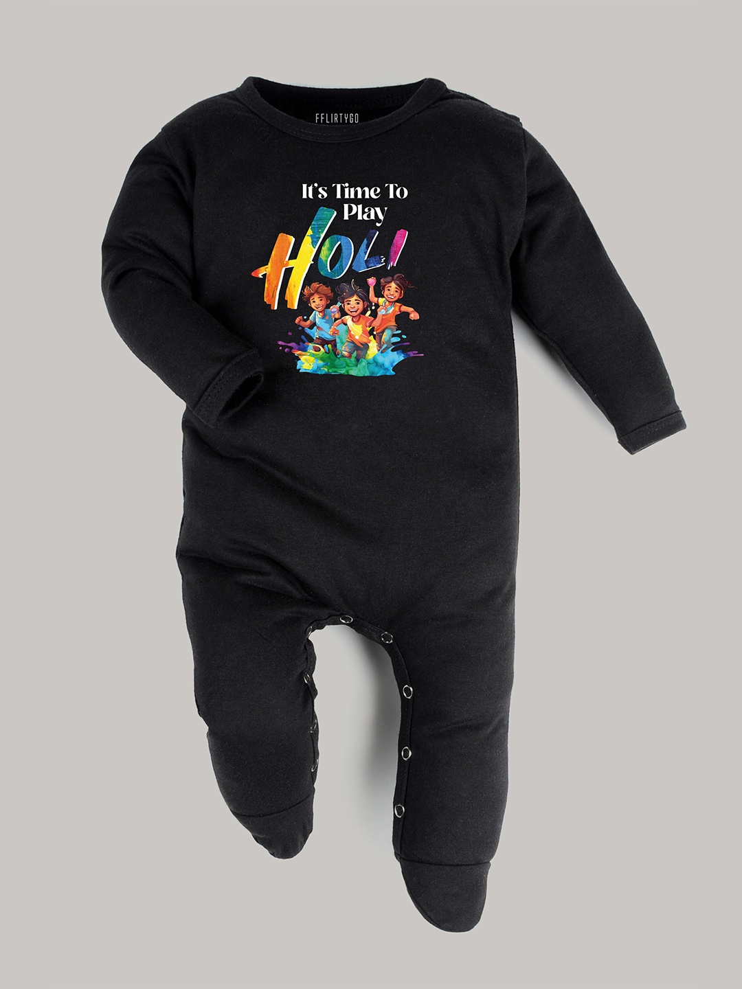 

FFLIRTYGO Infants Holi Special Printed Cotton Sleepsuit, Black
