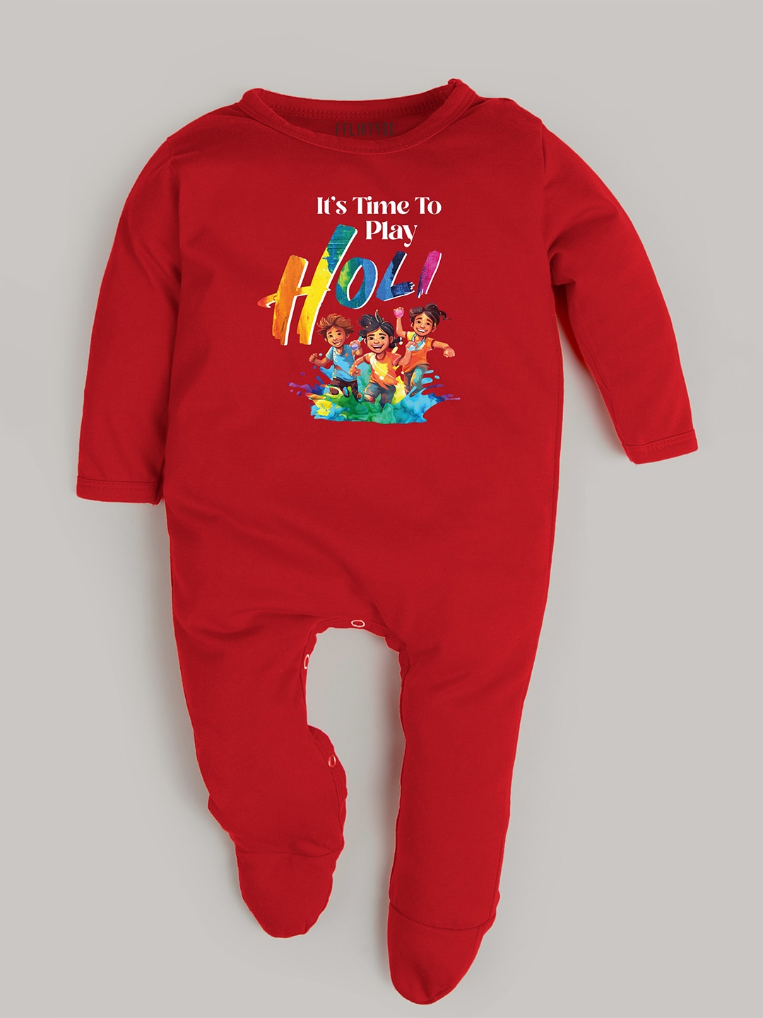 

FFLIRTYGO Infant Printed Holi Special Pure Cotton Sleepsuit, Red