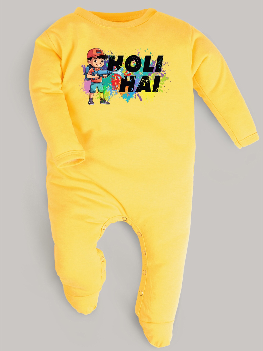 

FFLIRTYGO Infants Holi Special Printed Cotton Sleepsuit, Yellow