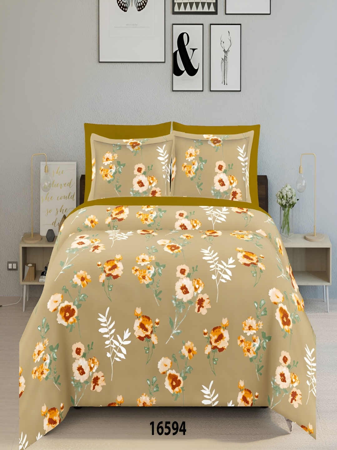 

borato Green & Mustard Floral 144 TC Cotton King Bedsheet with 2 Pillow Covers