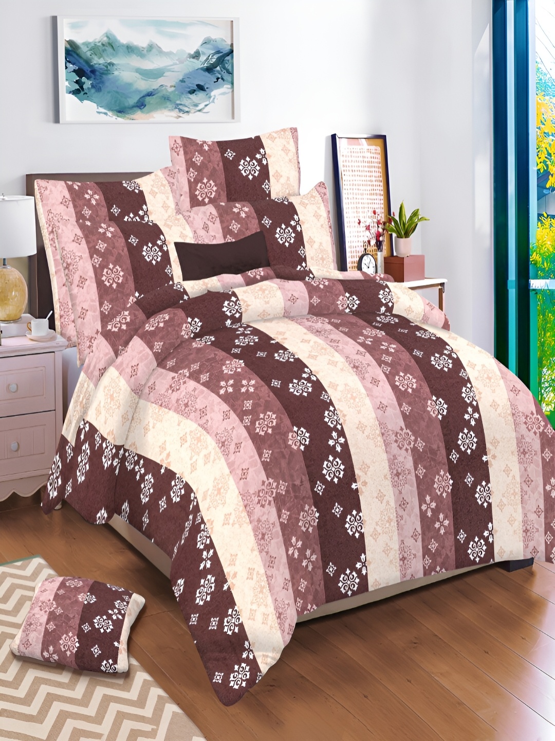 

borato Pink & White Ethnic Motifs 144 TC Cotton King Bedsheet with 2 Pillow Covers