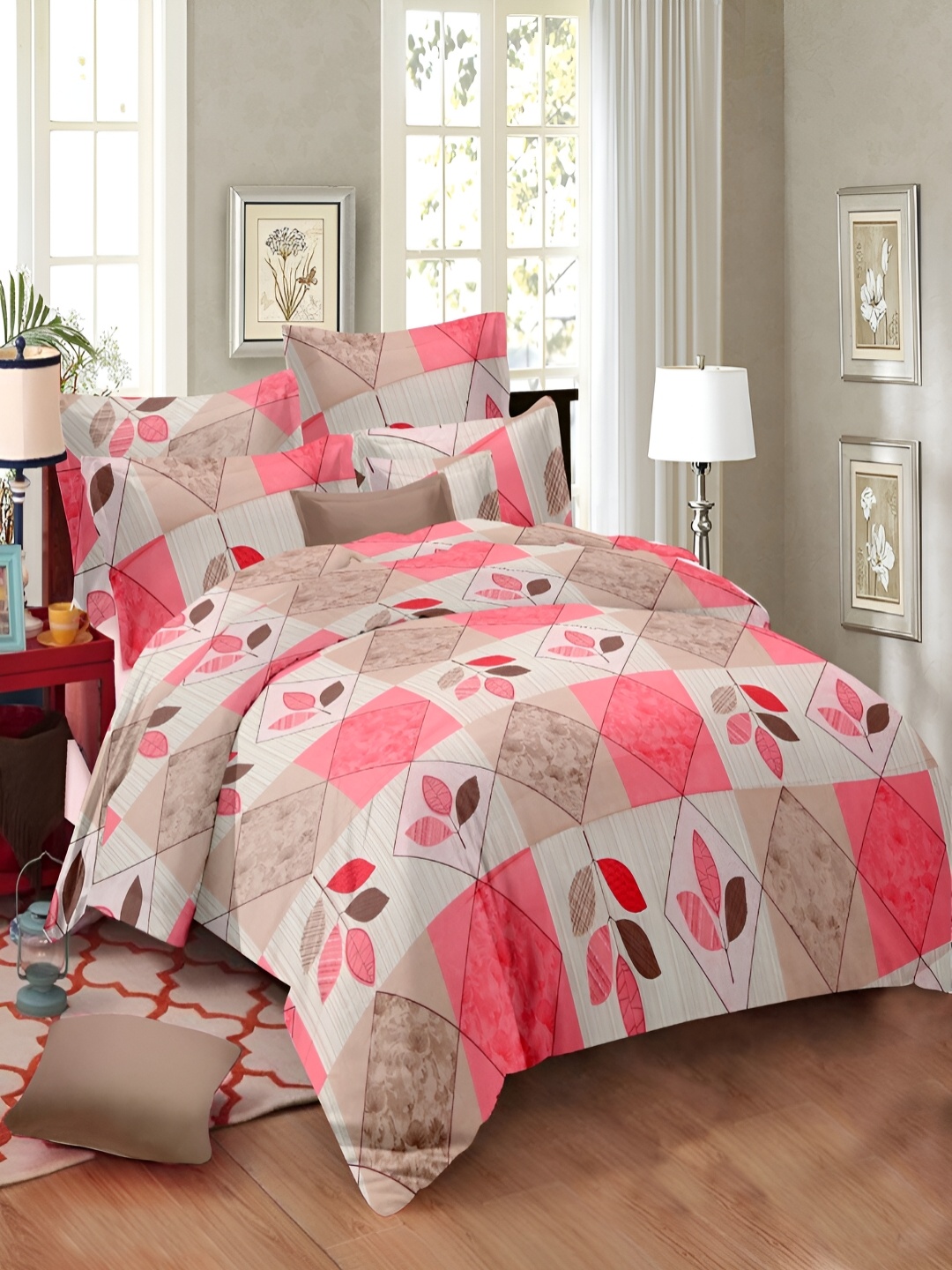 

borato Pink Floral 144 TC Cotton King Bedsheet with 2 Pillow Covers