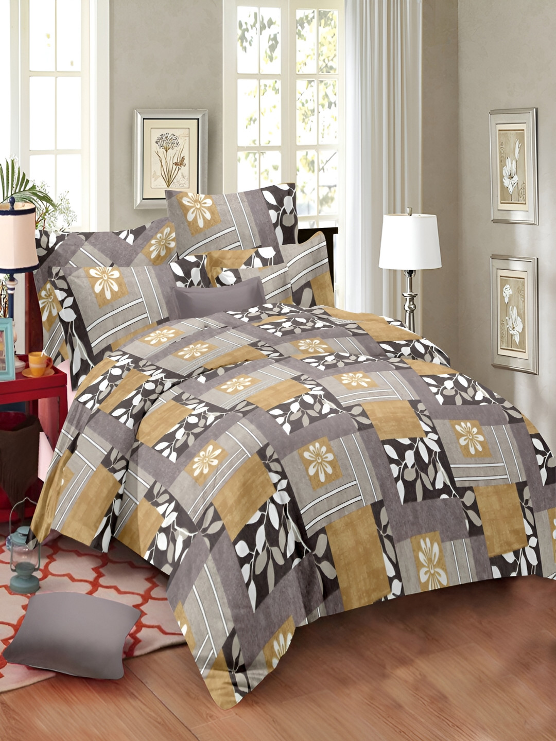 

borato Grey & Beige Floral 144 TC Cotton King Bedsheet with 2 Pillow Covers