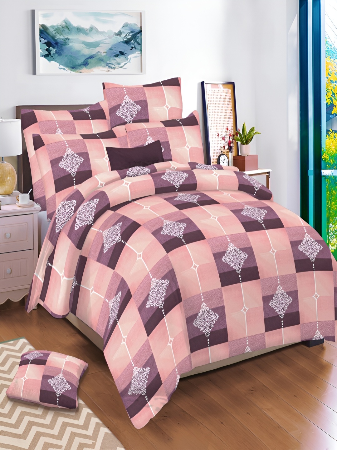 

borato Pink & White Ethnic Motifs 144 TC Cotton King Bedsheet with 2 Pillow Covers