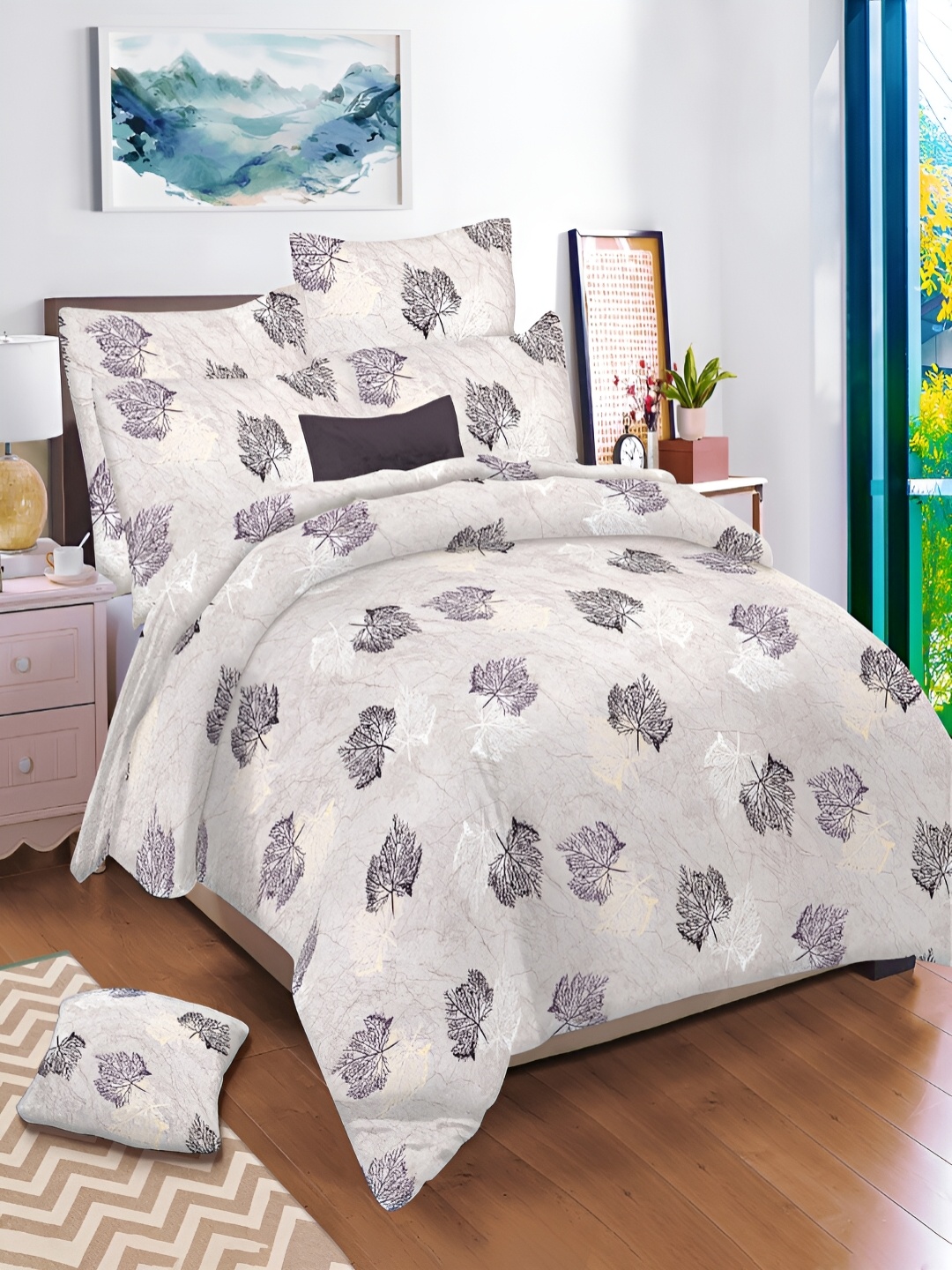 

borato Grey & White Floral 144 TC Cotton King Bedsheet with 2 Pillow Covers