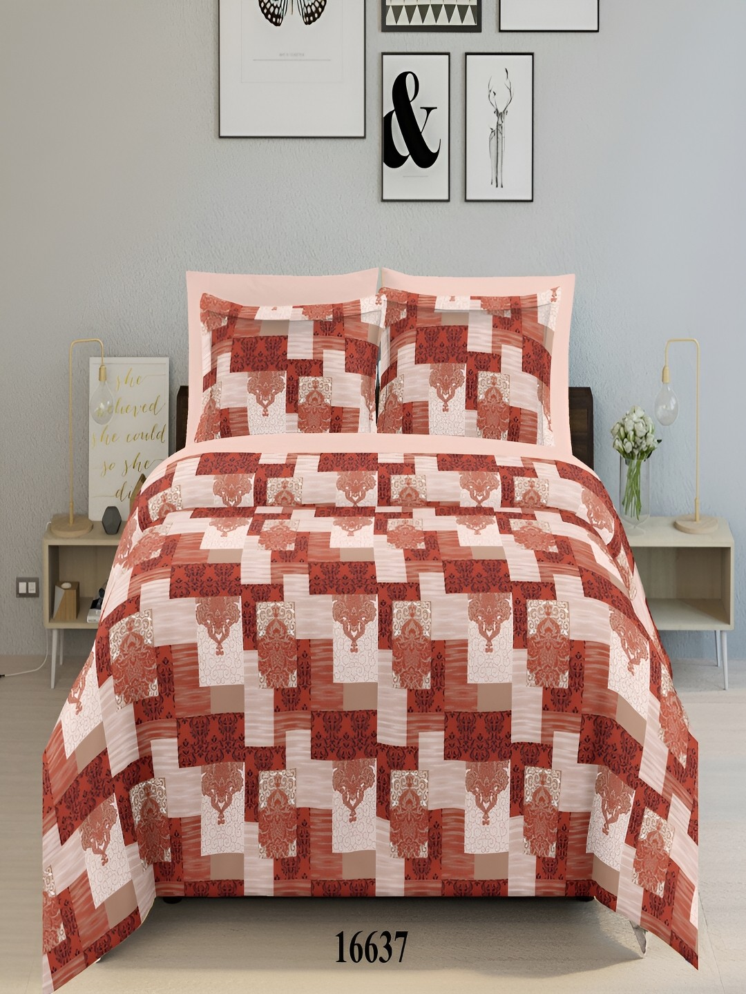 

borato Rust & Peach-Coloured Ethnic Motifs 144 TC King Bedsheet with 2 Pillow Covers