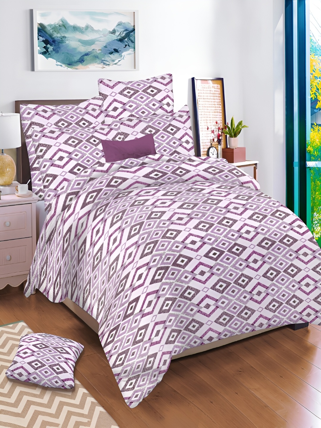 borato Purple & White Geometric 144 TC Cotton King Bedsheet with 2 Pillow Covers