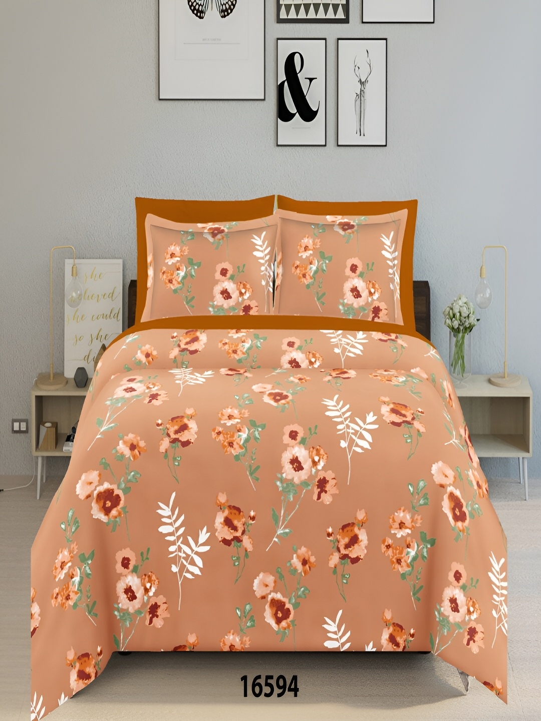 

borato Orange & White Floral 144 TC King Bedsheet with 2 Pillow Covers