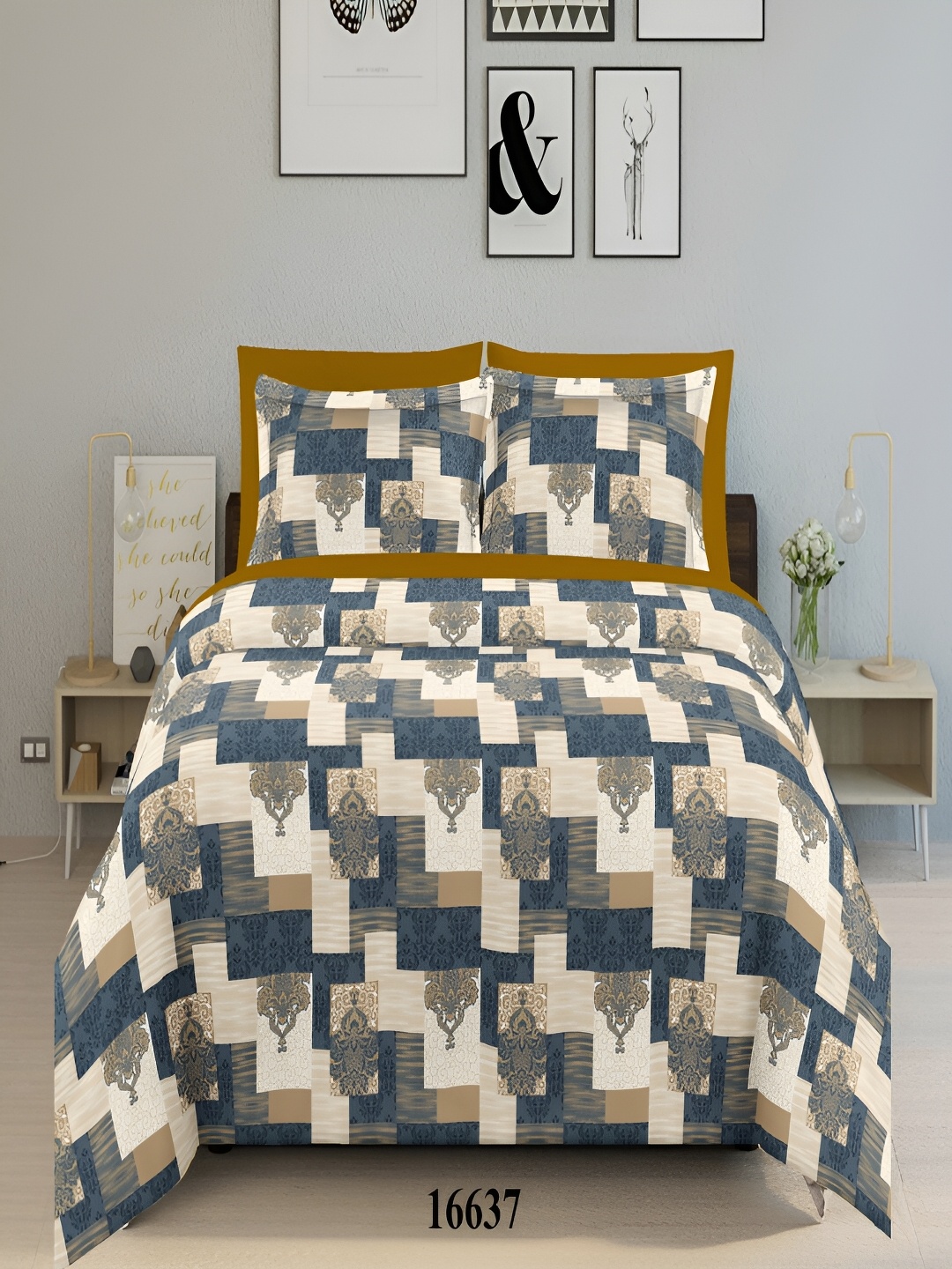

borato Blue & Beige Ethnic Motifs 144 TC Cotton King Bedsheet with 2 Pillow Covers