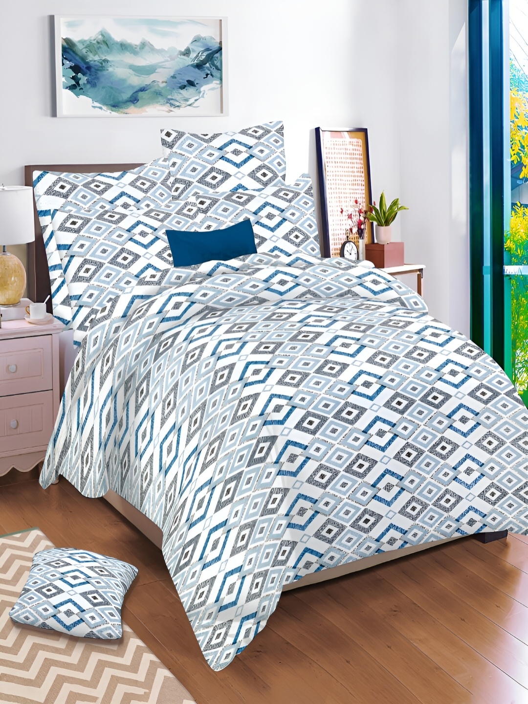 

borato Blue & White Geometric 144 TC Cotton King Bedsheet with 2 Pillow Covers