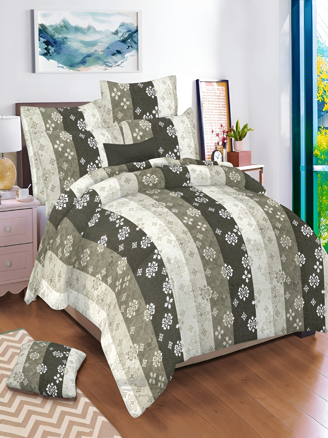 

borato Green & White Ethnic Motifs 144 TC King Bedsheet with 2 Pillow Covers